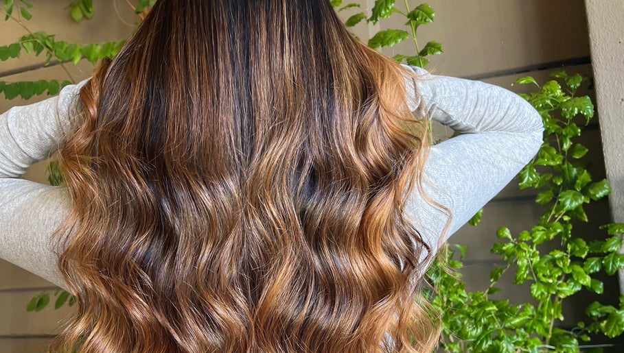 Flowing wavy hair transformation at Cpt Hairn, Cape Town, Western Cape, ZA, embraced by green plants.
