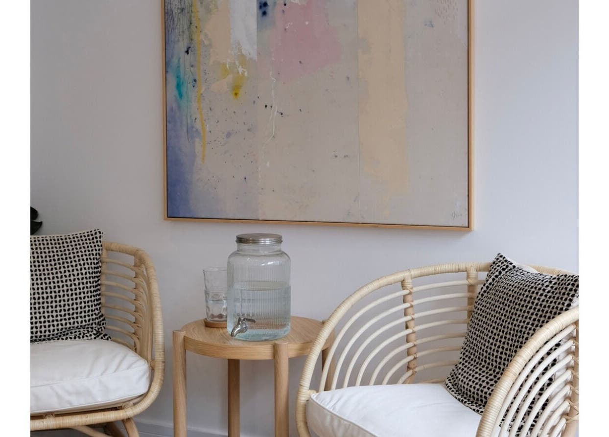 Relaxing seating area with art at Maisy Does Manis, Shrewsbury, England, GB.