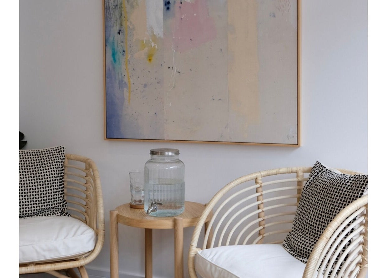 Relaxing seating area with art at Maisy Does Manis, Shrewsbury, England, GB.