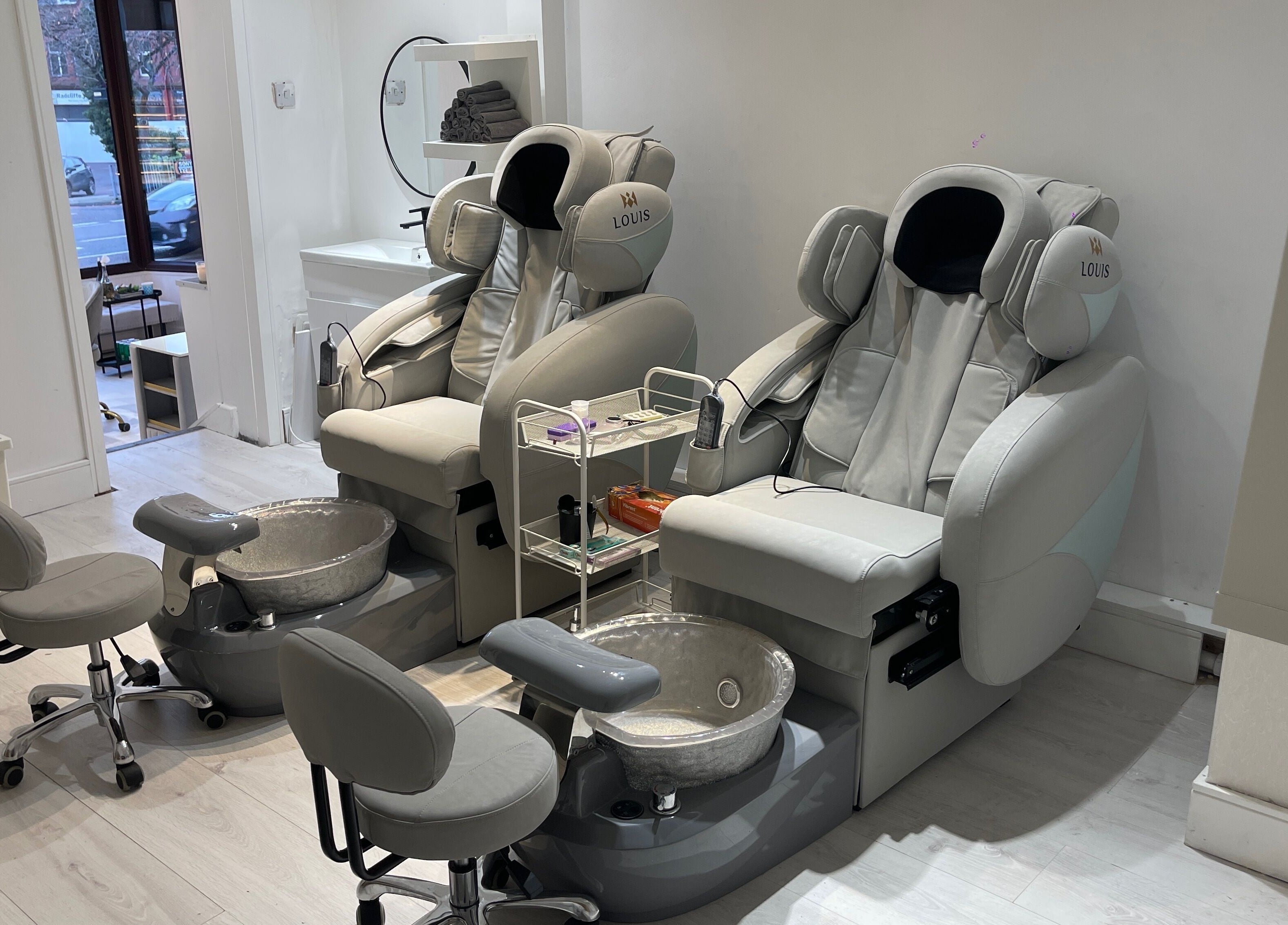 Luxurious pedicure chairs at Radcliffe Nails and Spa, Radcliffe, England, GB, offering relaxation and comfort.