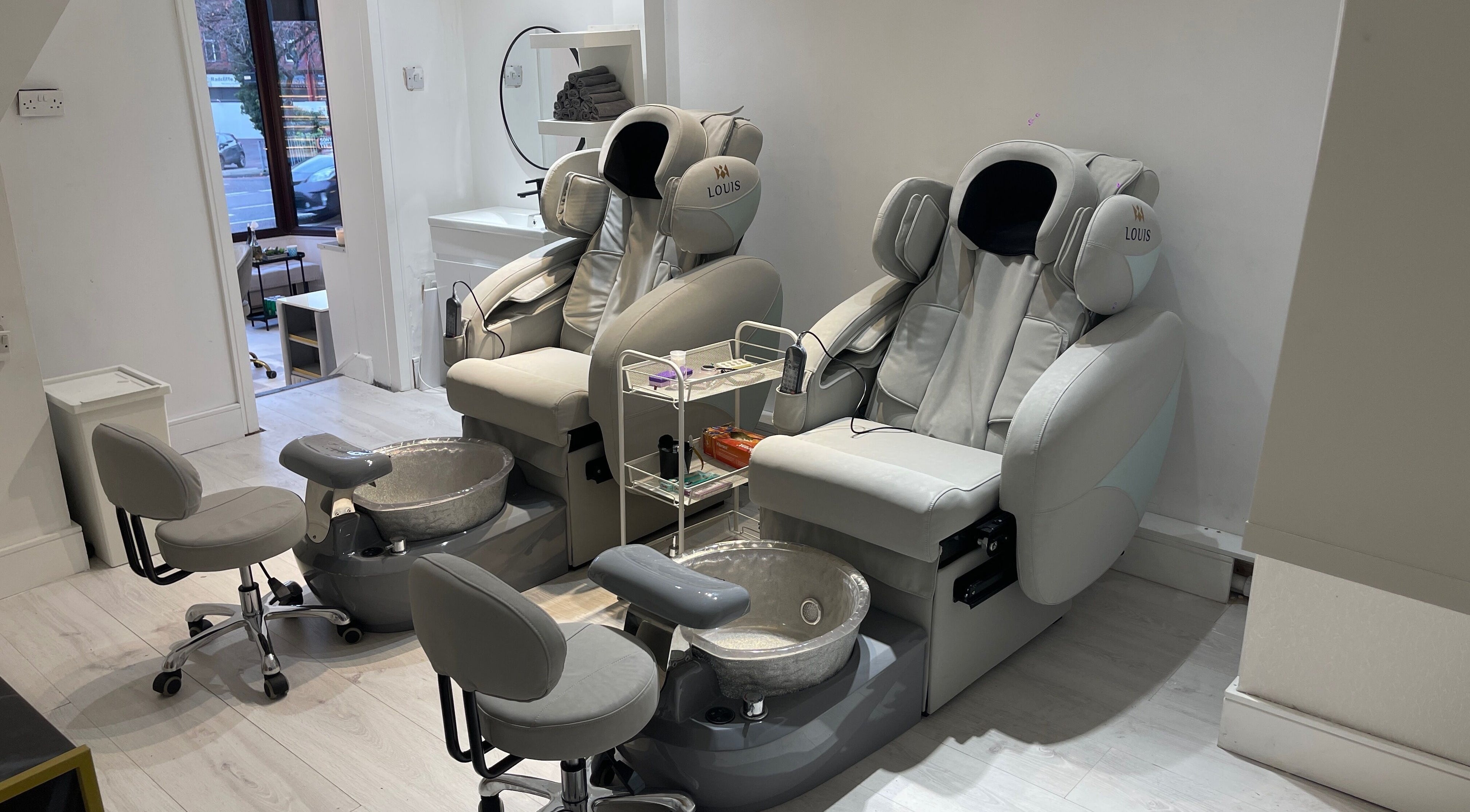 Luxurious pedicure chairs at Radcliffe Nails and Spa, Radcliffe, England, GB, offering relaxation and comfort.