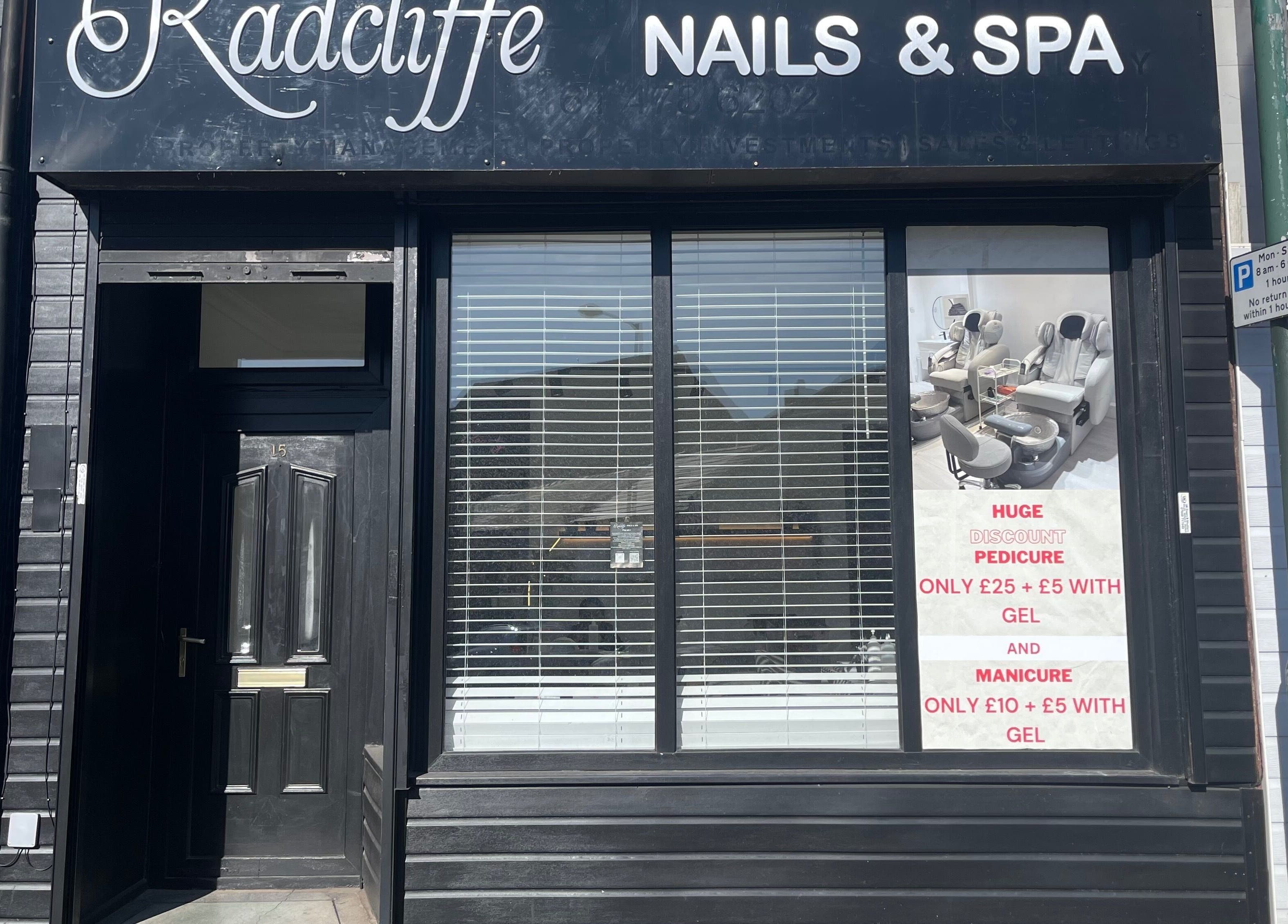 Exterior of Radcliffe Nails and Spa at Radcliffe, England, GB showcasing modern design and signs.