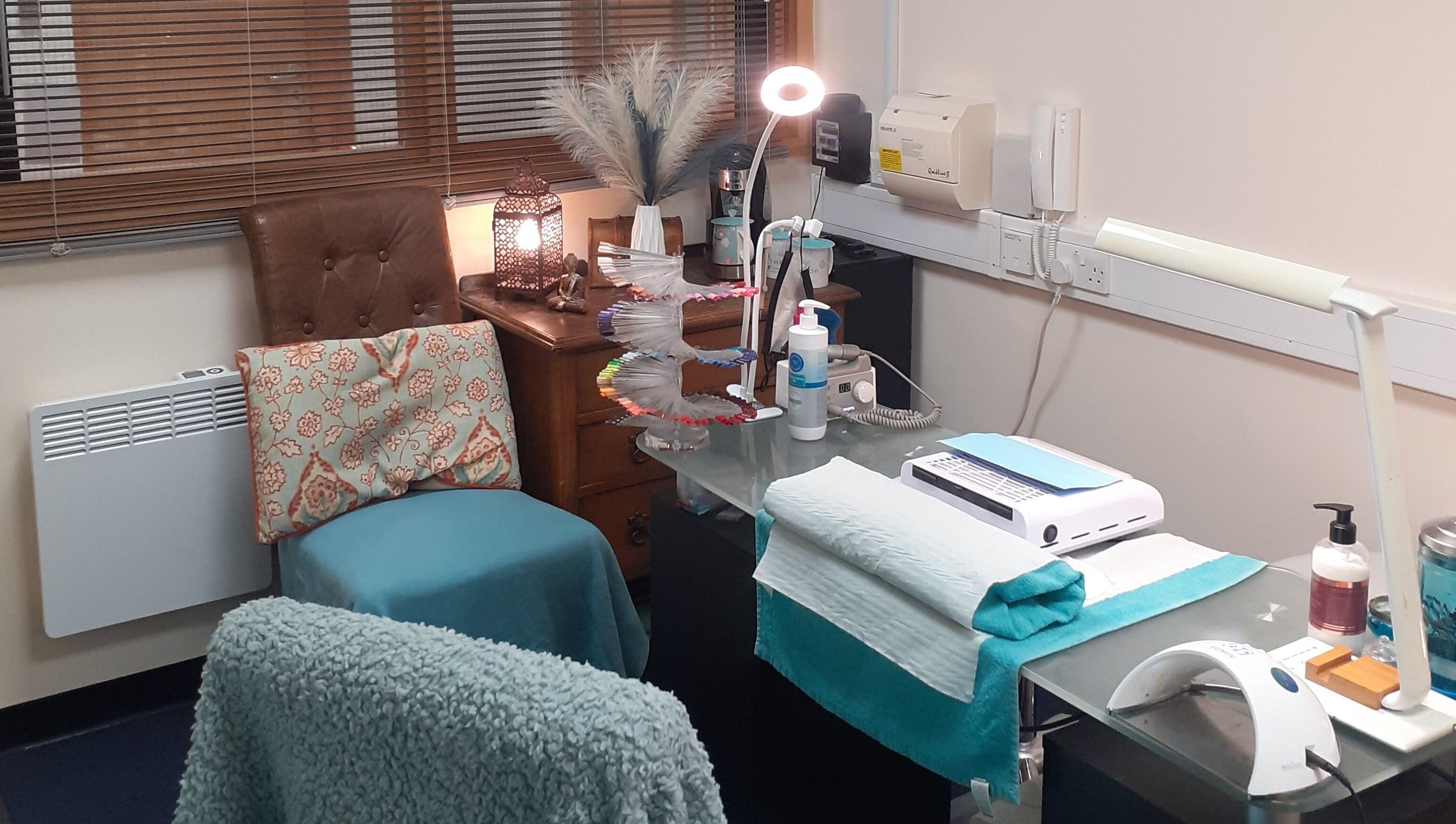 Cozy nail corner at The Nook, Ellesmere Port, England, GB featuring elegant decor and salon equipment.