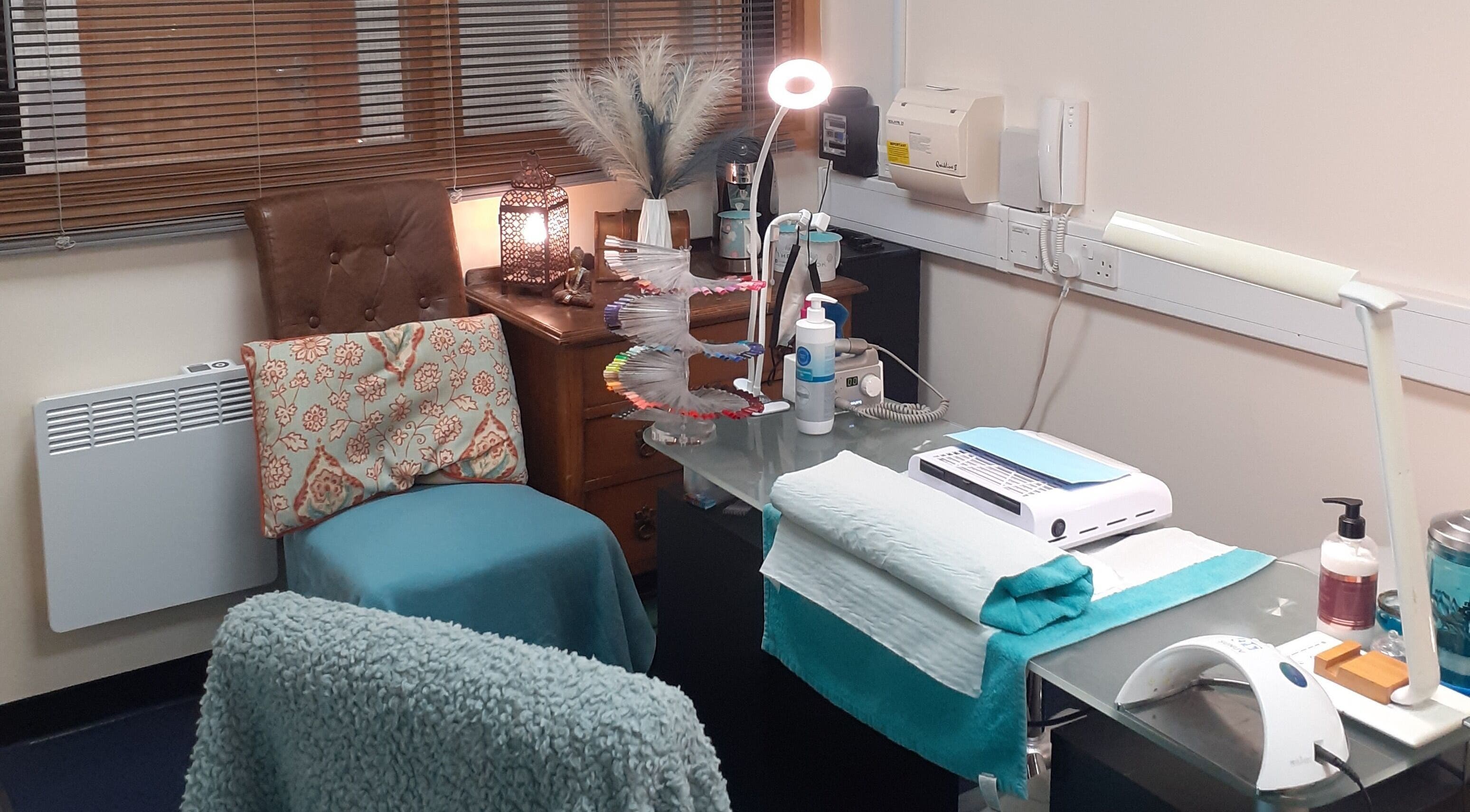 Cozy nail corner at The Nook, Ellesmere Port, England, GB featuring elegant decor and salon equipment.