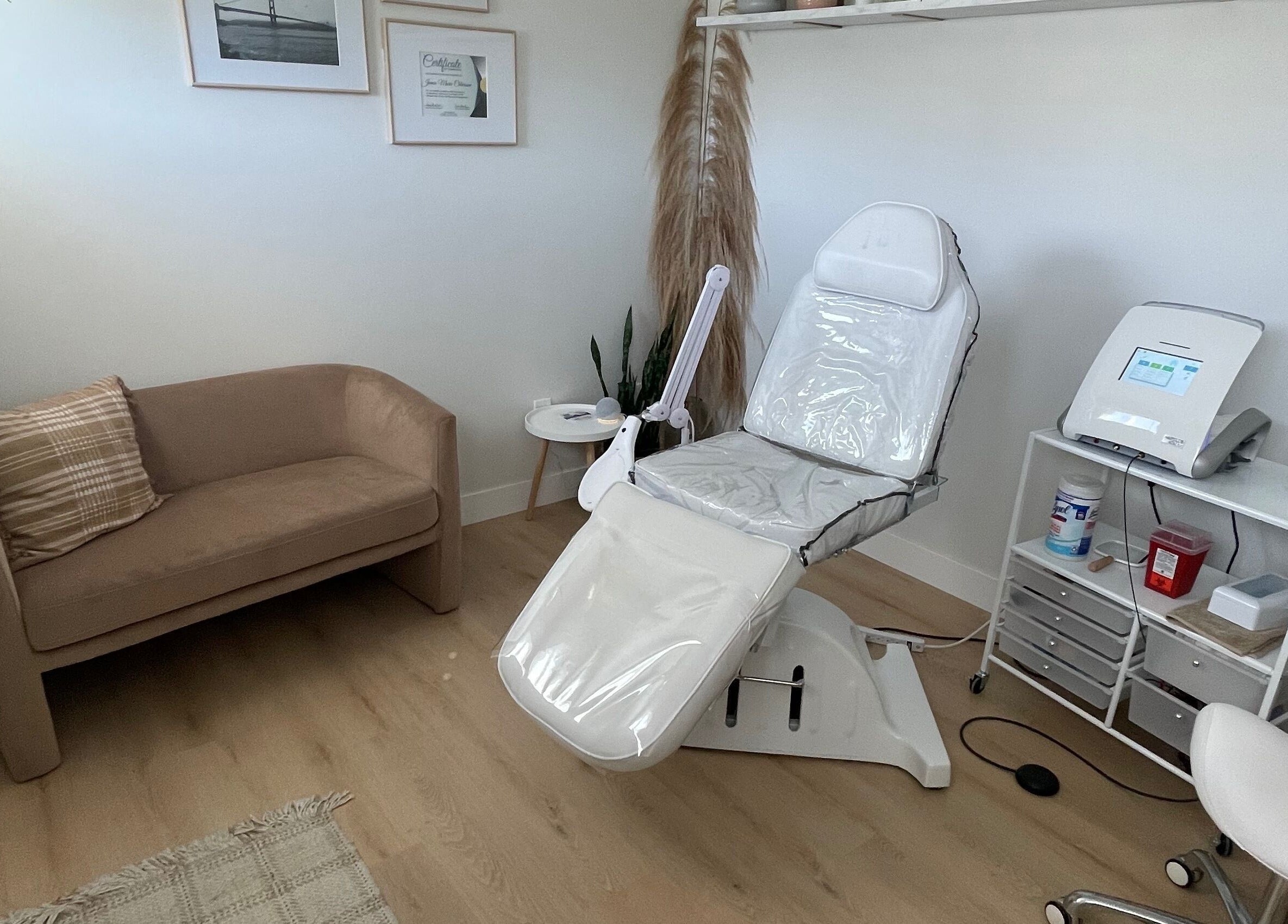 Calming treatment room at Silk Electrolysis in Herriman, Utah, US with a chair, sofa, and equipment.