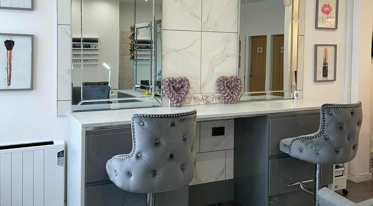 Stylish salon station with chairs at Nicola Cunningham hair in Liverpool, England, GB.