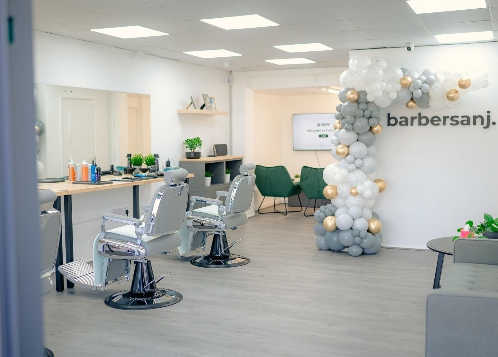 Modern interior of Barbersanj in Willenhall, England, GB with stylish chairs and decor.