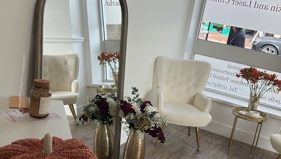 Elegant seating and decor at By Leah, Whitley Bay, England, GB. Modern, cozy beauty and wellness atmosphere.