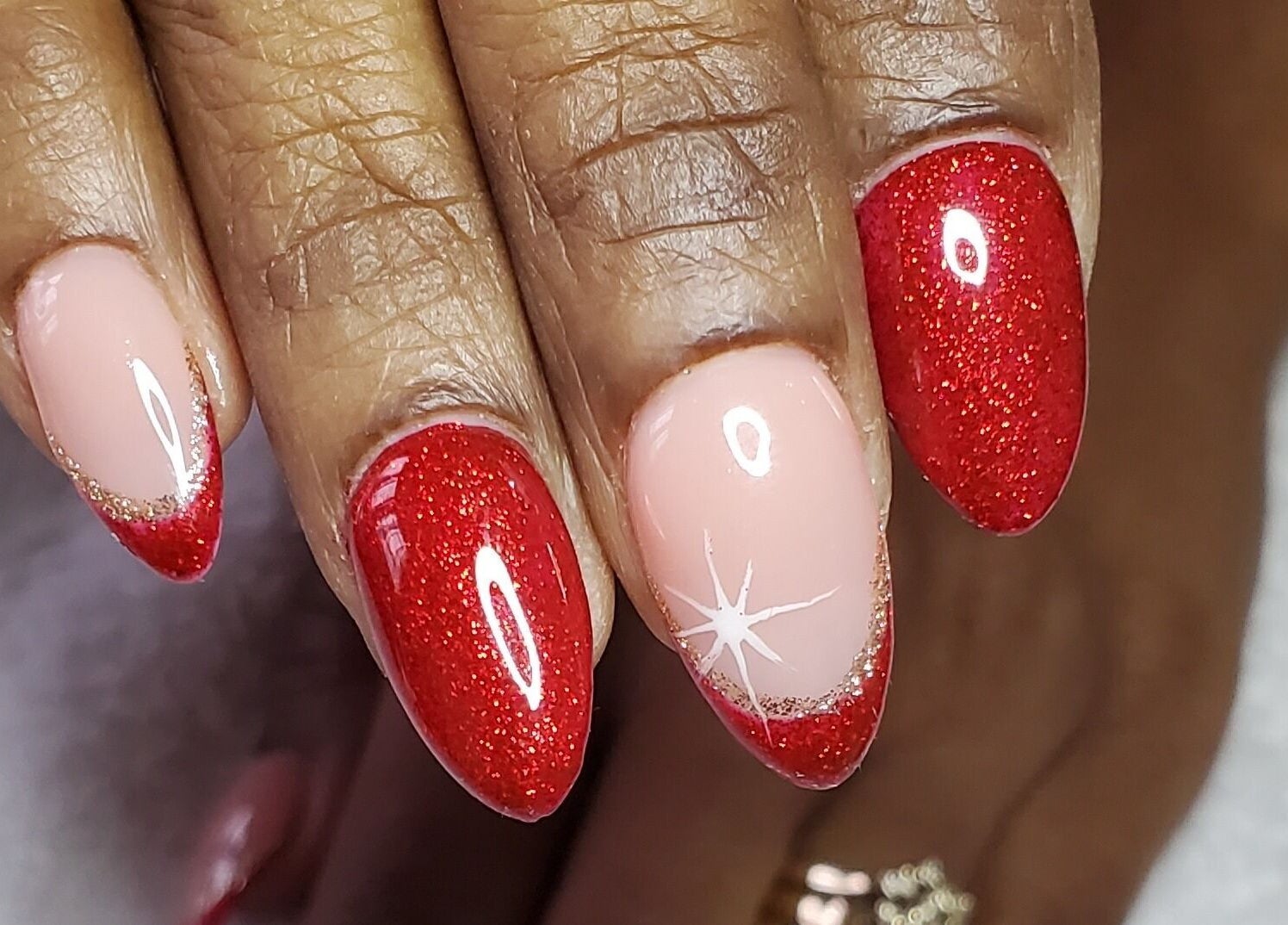 Elegant red and nude nail art at Totally Embellished Day Spa, Tunapuna, Tunapuna/piarco Regional Corporation, TT.