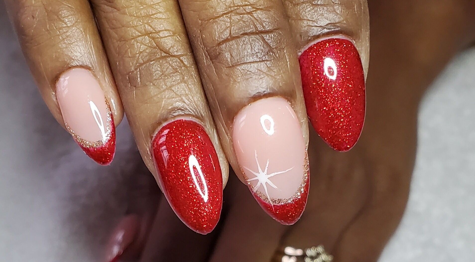 Elegant red and nude nail art at Totally Embellished Day Spa, Tunapuna, Tunapuna/piarco Regional Corporation, TT.
