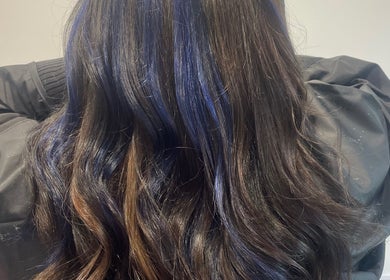 Beautiful dark hair with blue highlights at Obsessed - Hair By Michelle, Rotorua, Bay Of Plenty, NZ.