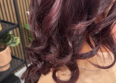 Beautiful aubergine curls styled at Obsessed - Hair By Michelle, Rotorua, Bay Of Plenty, NZ.