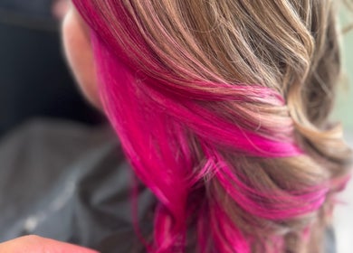 Vibrant pink hair highlights styled at Obsessed - Hair By Michelle, Rotorua, Bay Of Plenty, NZ.