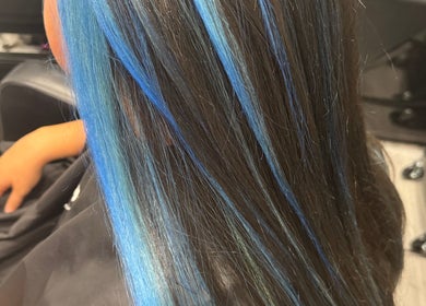Vibrant blue hair highlights styled at Obsessed - Hair By Michelle, Rotorua, Bay Of Plenty, NZ.