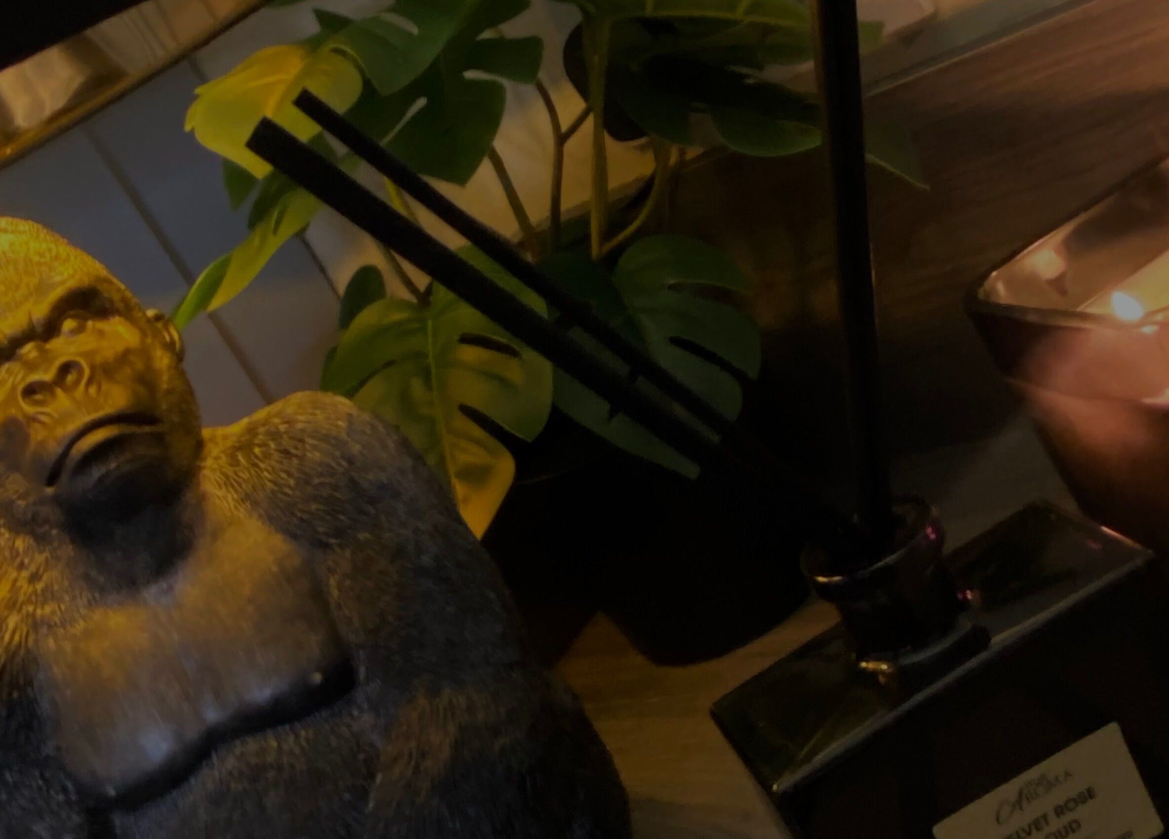 Cozy decor with gorilla statue, candle, and plant in Neeve Backhouse, Marske-by-the-sea, England, GB.