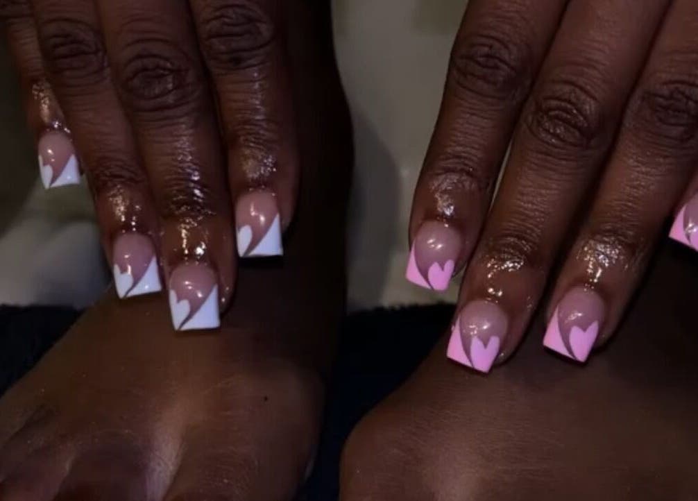 Heart-tipped nails design at Nails Byyp Imiya, Forney, Texas, US.