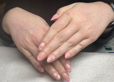Floral nail art with pink tips at Beauty by Joanne, Dundee, Scotland, GB.