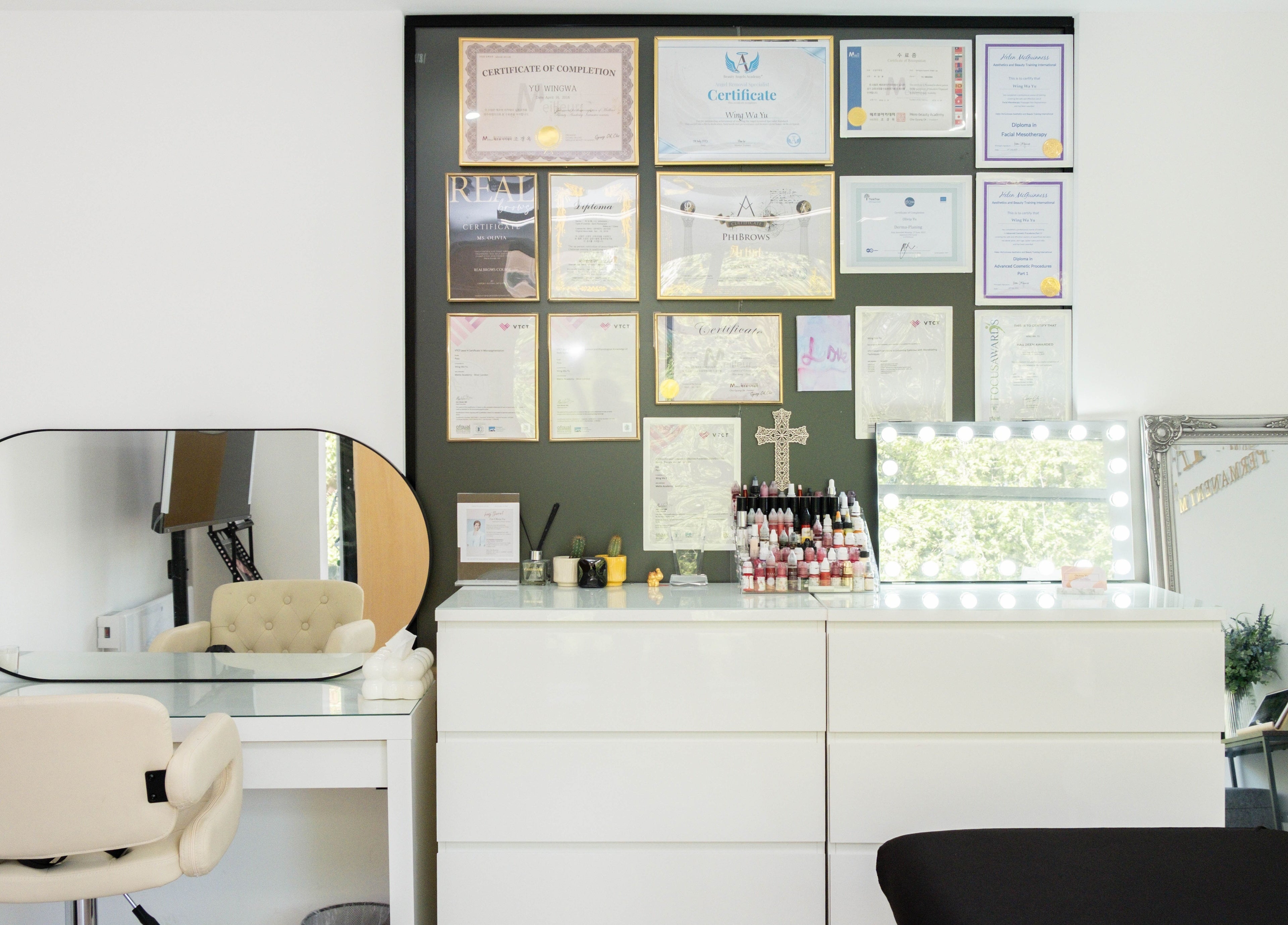 Chic beauty salon setup with certificates at Unique Brow London, London, England, GB.