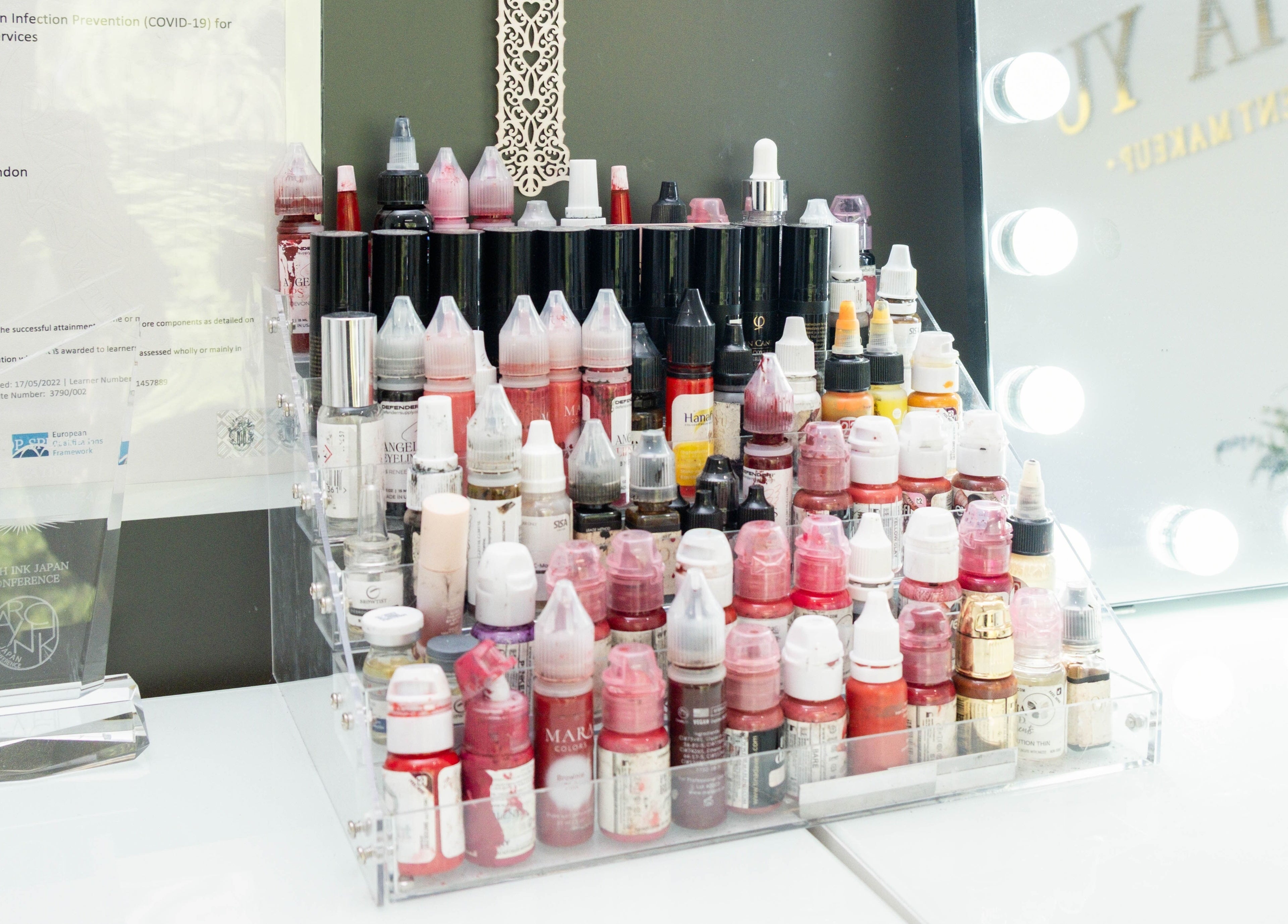 Diverse selection of color inks for brow treatments at Unique Brow London, London, England, GB.