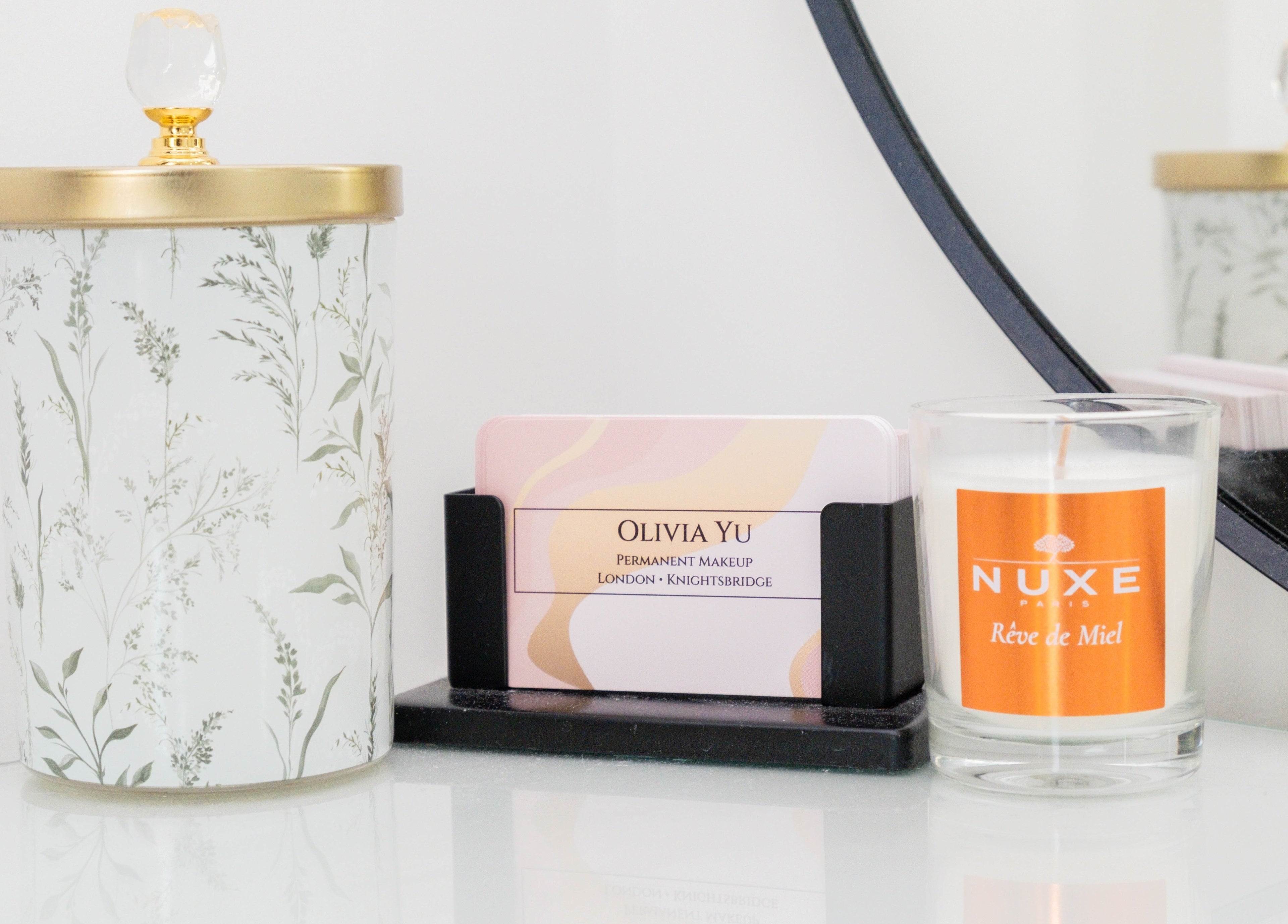 Stylish candle and card display at Unique Brow London, located in London, England, GB.