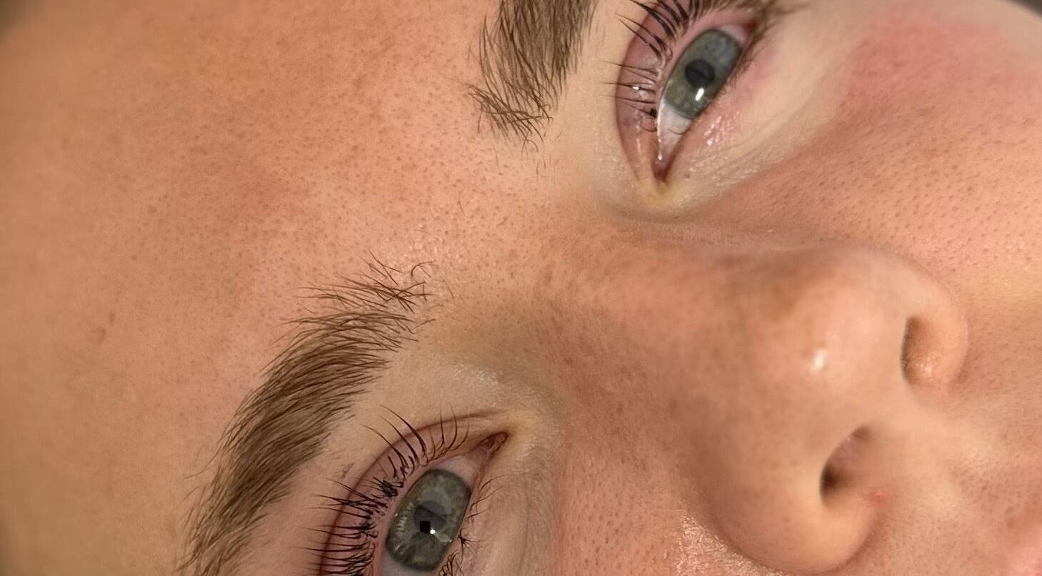 Close-up of styled lashes at Beauty by Becca, Masham, England, GB. Perfectly groomed eyebrows visible.
