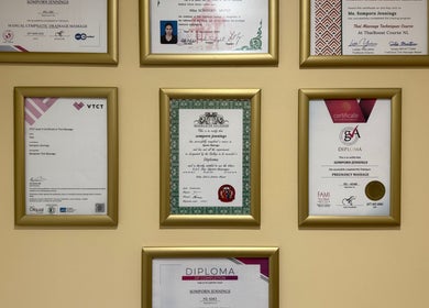 Professional diplomas on display at Wandee Thai Massage LTD, Staines-upon-Thames, England, GB.