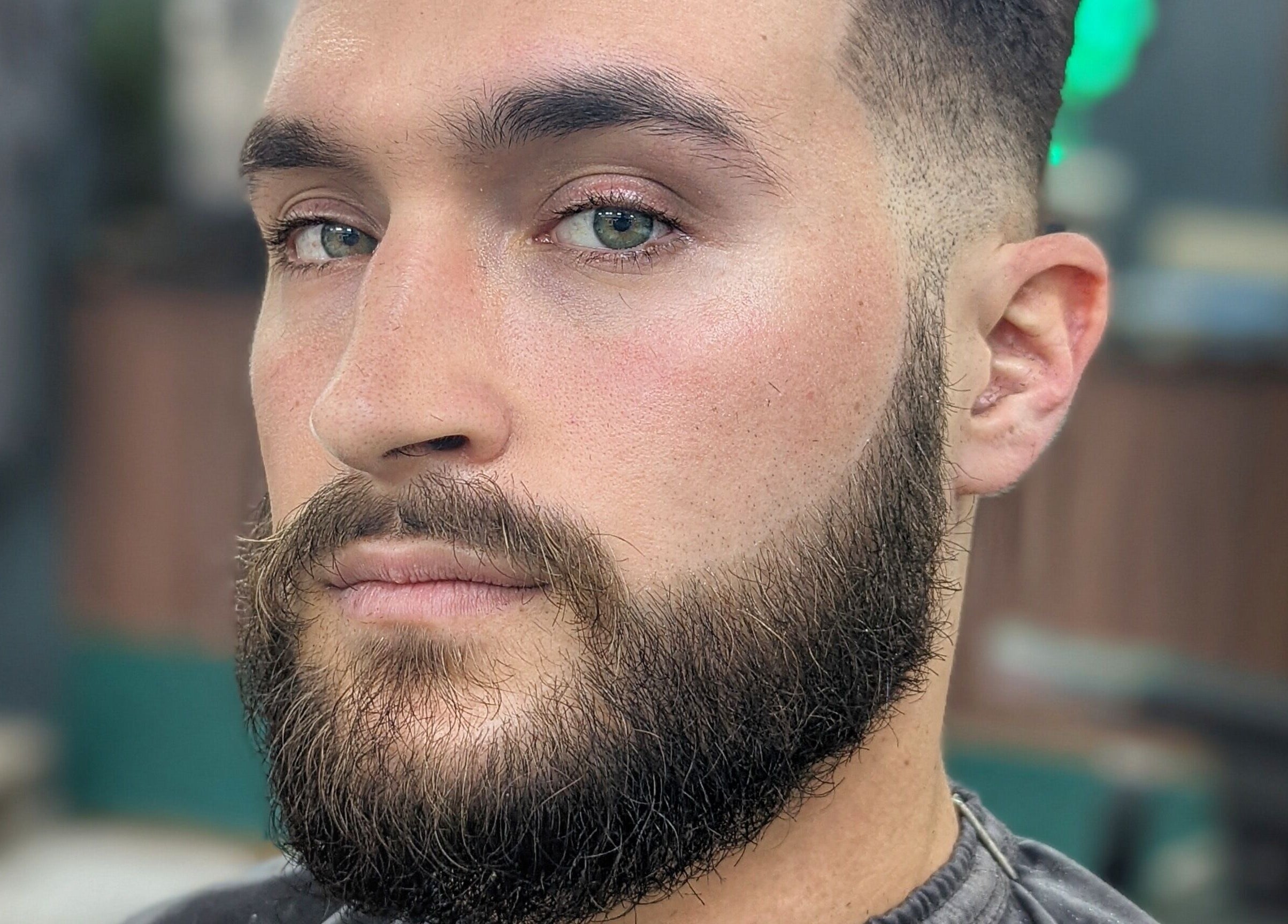 Close-up of a precisely groomed beard at Barber Zeph, Hong Kong Island, HK.