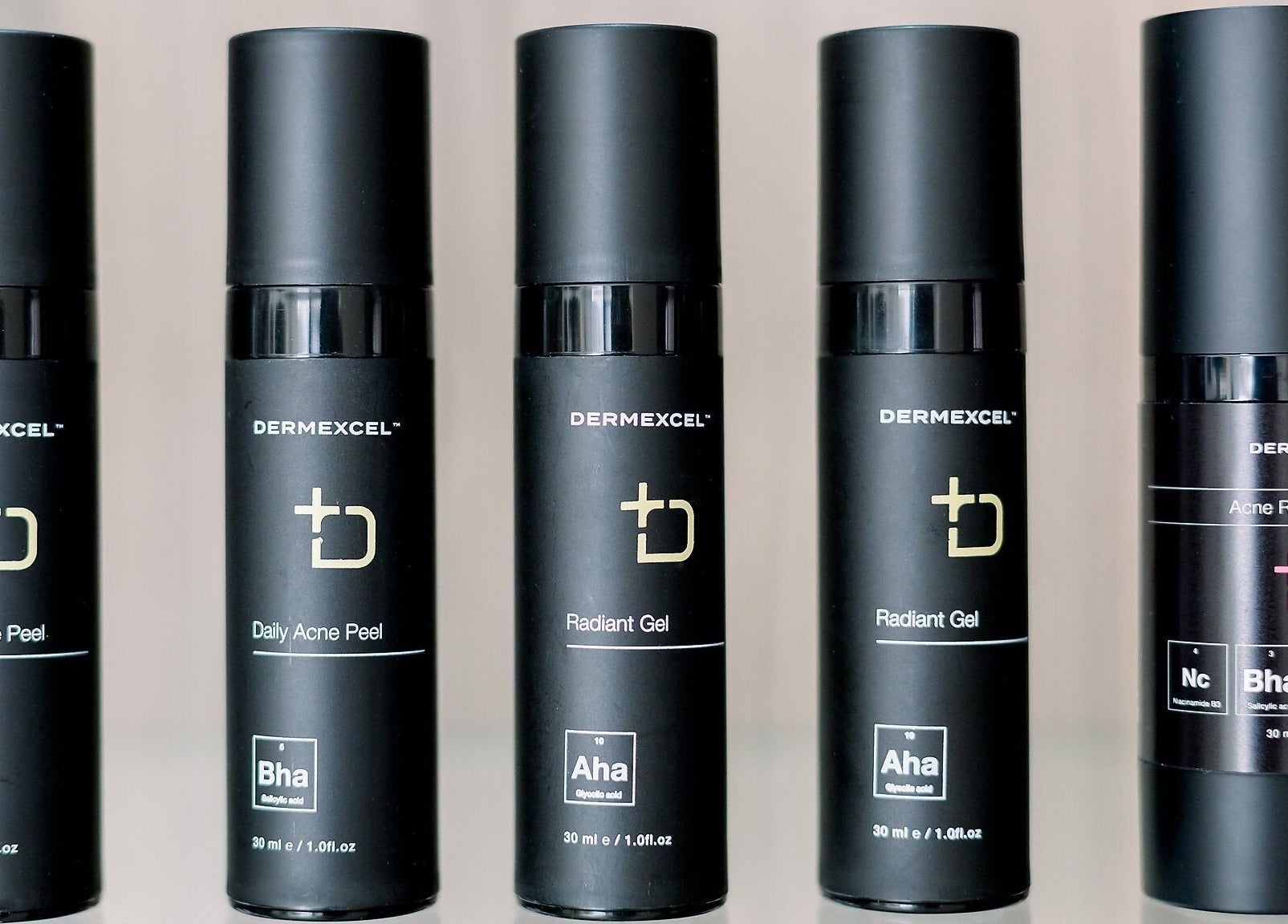 High-end skincare products at Skin at Rubyblush, Pretoria, Gauteng, ZA, showcasing daily acne peel and radiant gel.