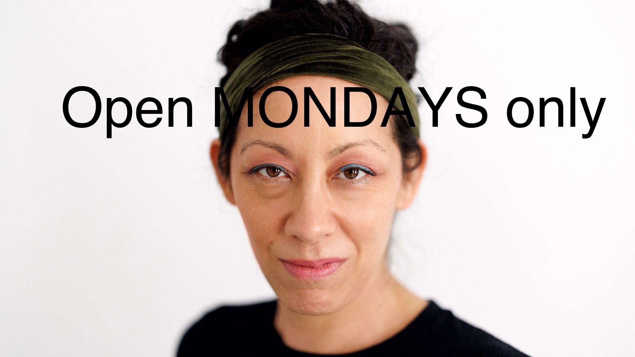 Portrait featuring a woman with text 'Open MONDAYS only' at Hirai Healing West, Berlin, Berlin, DE.