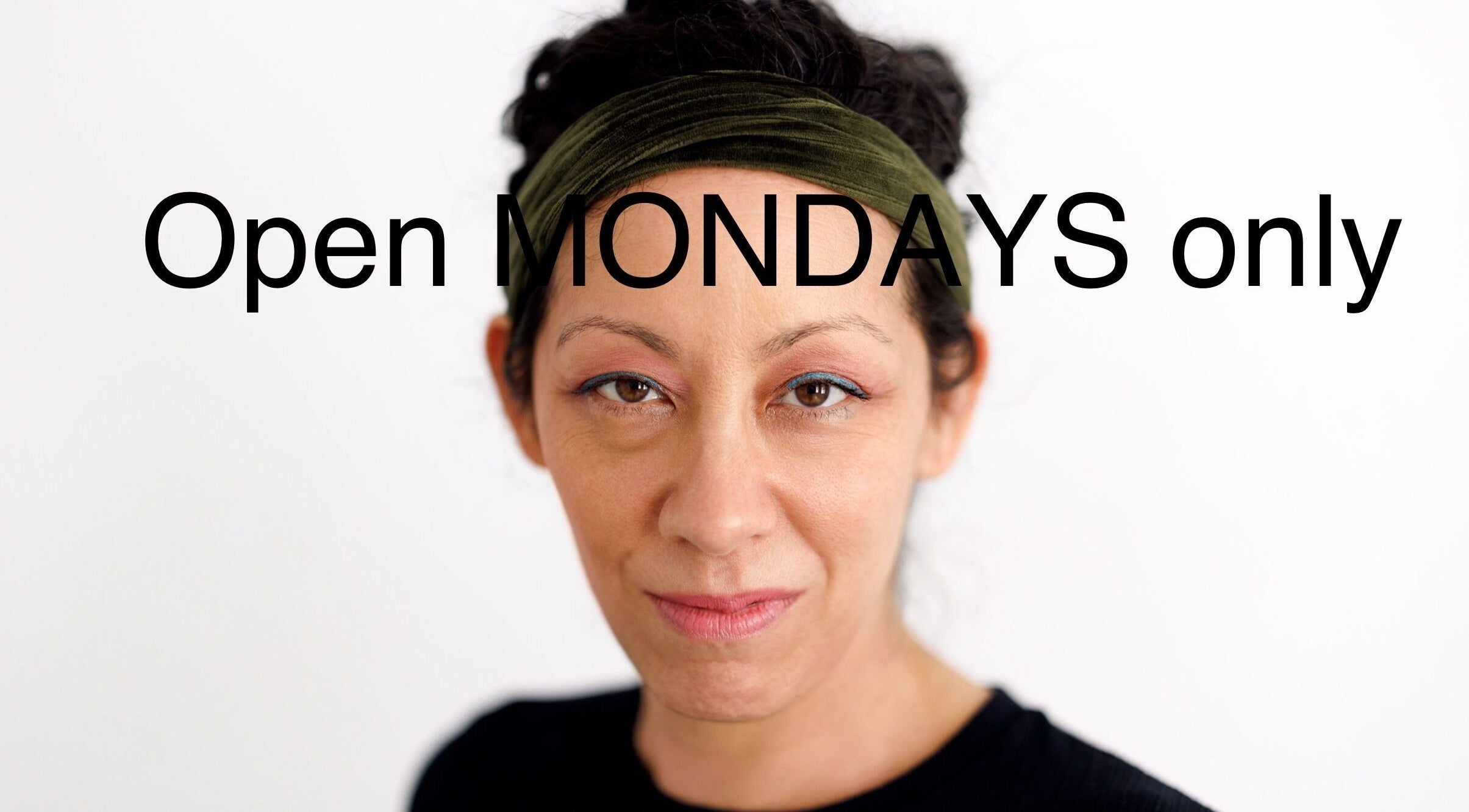 Hirai Healing West Berlin promotion for Monday services featuring portrait of a smiling woman with text overlay.