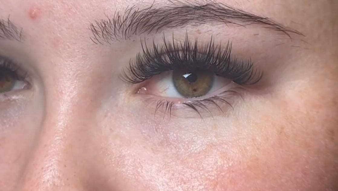 Close-up of eye with lush lashes from LashKlinic in Bradford, England, GB.