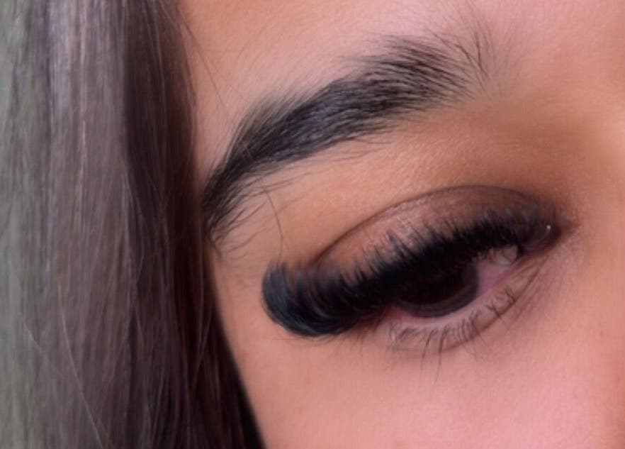 Close-up of elegant eyelash extensions from LashKlinic, located in Bradford, England, GB.
