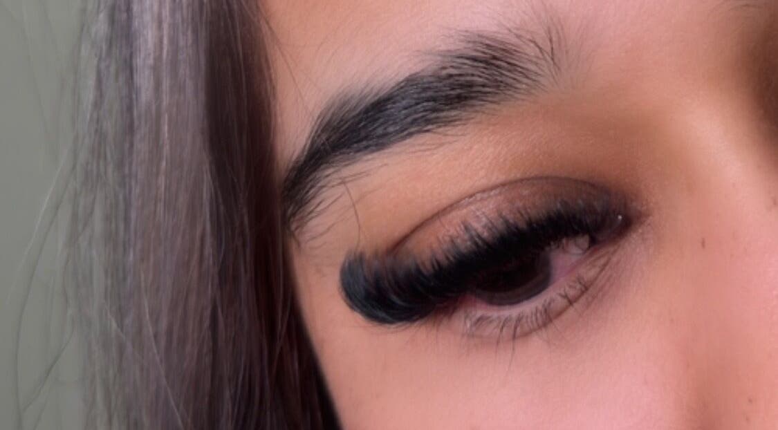 Close-up of elegant eyelash extensions from LashKlinic, located in Bradford, England, GB.