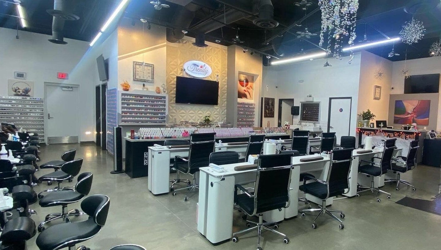 Modern interior of Trendy Nails Spa in Scottsdale, Arizona, US with stylish nail stations and elegant decor.
