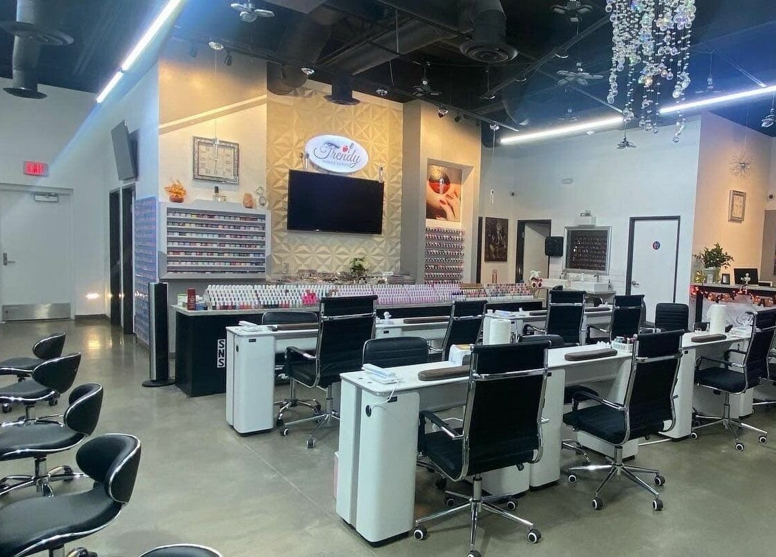 Modern interior of Trendy Nails Spa in Scottsdale, Arizona, US with stylish nail stations and elegant decor.