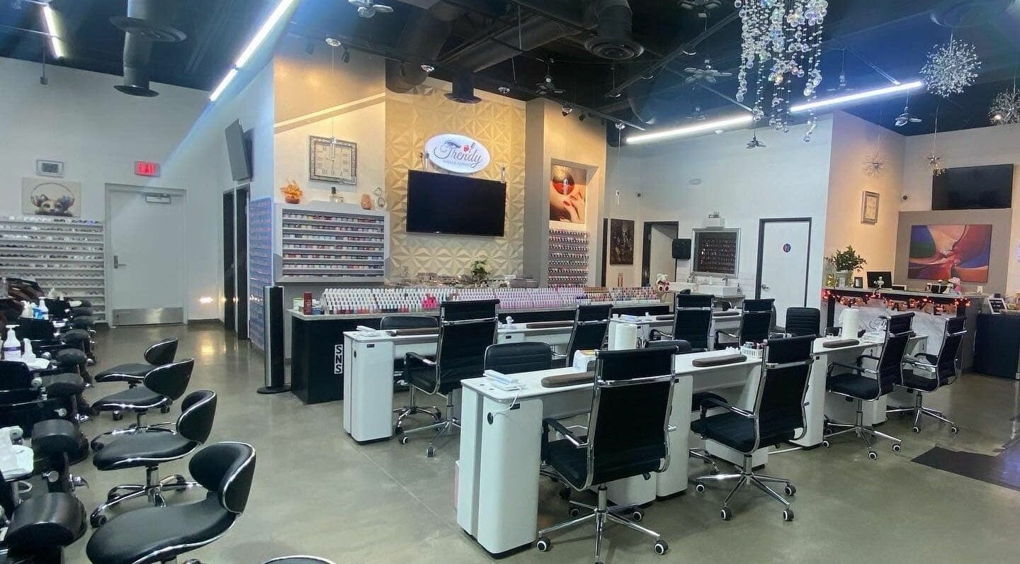 Modern interior of Trendy Nails Spa in Scottsdale, Arizona, US with stylish nail stations and elegant decor.
