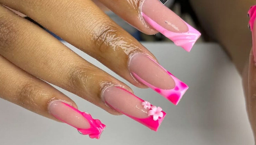 Stylish pink and floral nail art design at TFG Polokwane Branch, Polokwane, Limpopo, ZA.