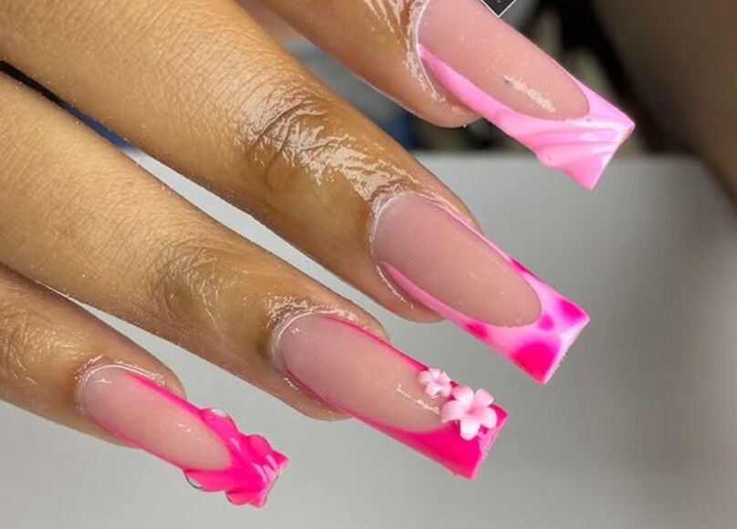 Stylish pink and floral nail art design at TFG Polokwane Branch, Polokwane, Limpopo, ZA.