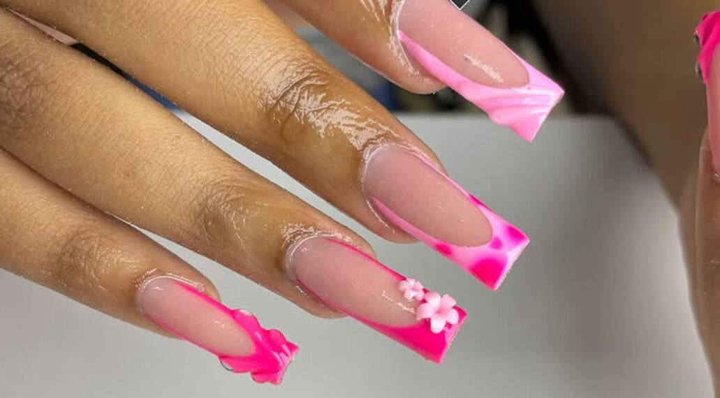 Stylish pink and floral nail art design at TFG Polokwane Branch, Polokwane, Limpopo, ZA.