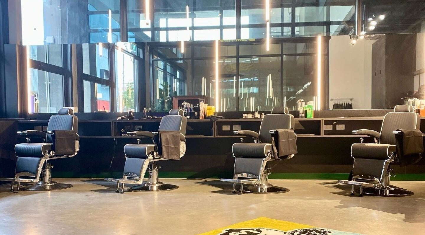 Modern barber chairs at Social Animals Barbershops, Melbourne, Victoria, AU, ready for customers.