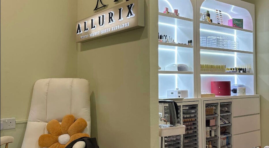 Allurix Nail Salon interior showcasing chic nail polish display and cozy seating, Singapore, Singapore, SG.