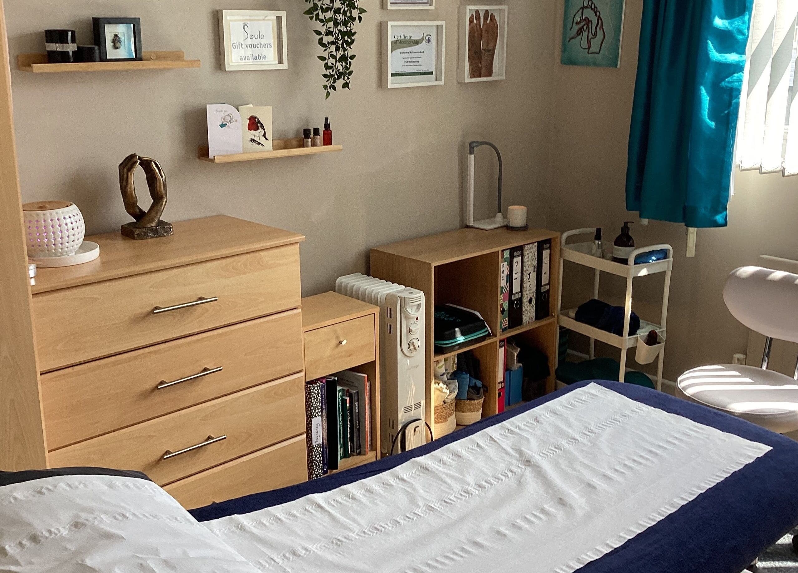 Relaxing therapy room at Soule Therapies, Lisburn, Northern Ireland, GB, featuring treatment bed and soothing decor.
