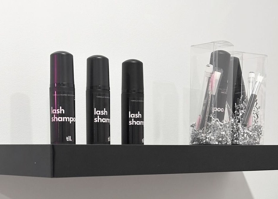 Lash shampoos on display at Lashes by Rina in Calgary, Alberta, CA.