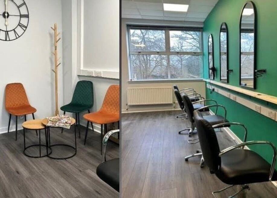 Modern seating and styling chairs at Hair by Lisa Abel in Port Elphinstone, Scotland, GB.