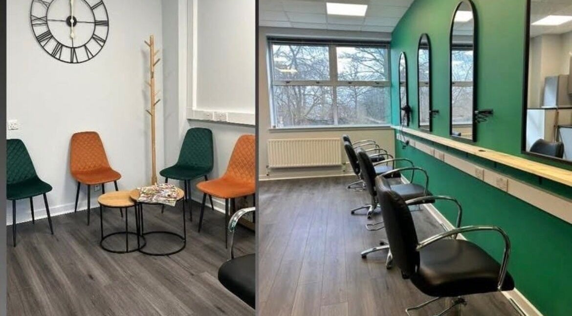 Modern seating and styling chairs at Hair by Lisa Abel in Port Elphinstone, Scotland, GB.