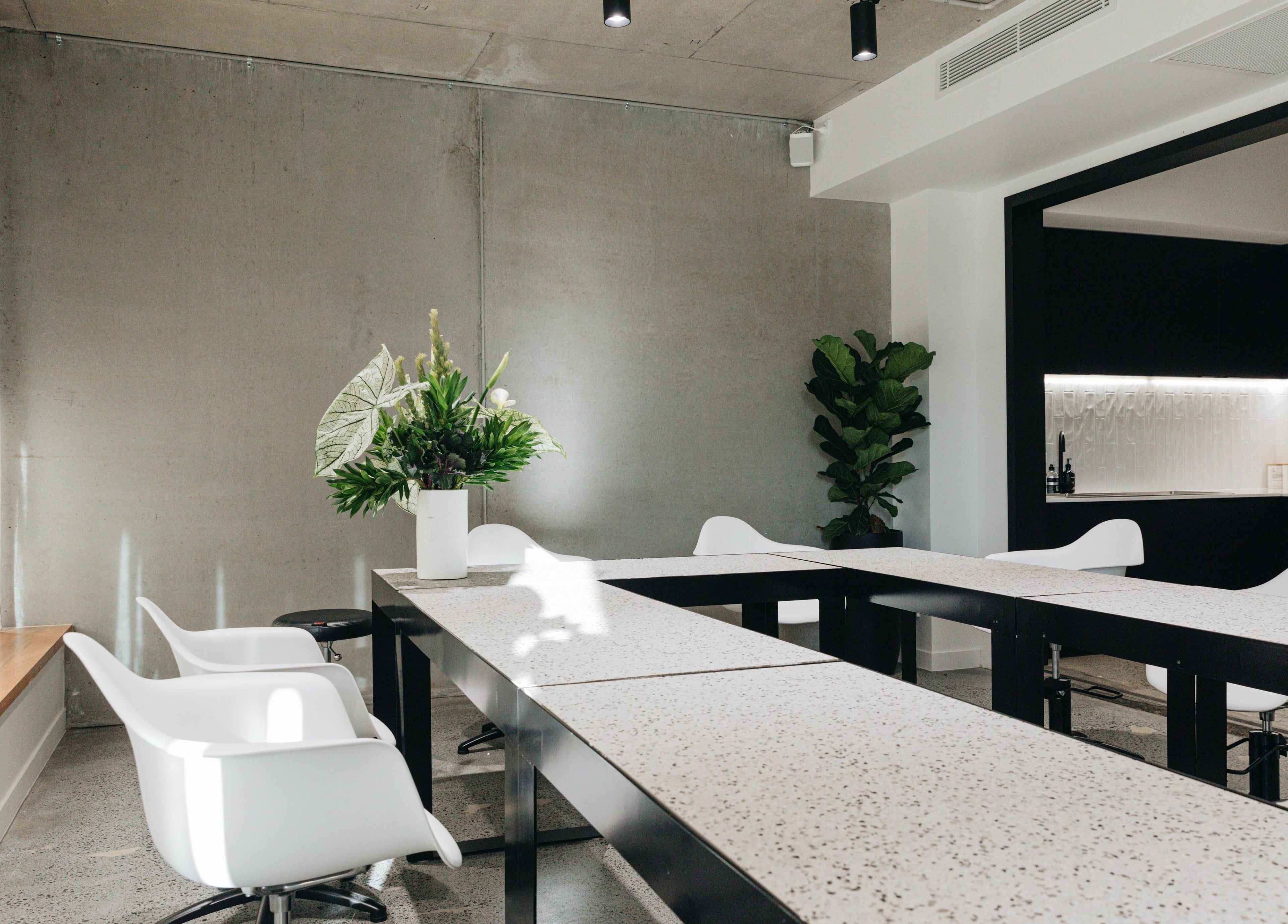 Modern meeting room at E+Co - Fortitude Valley, featuring sleek decor and greenery, located in Fortitude Valley, Queensland, AU.