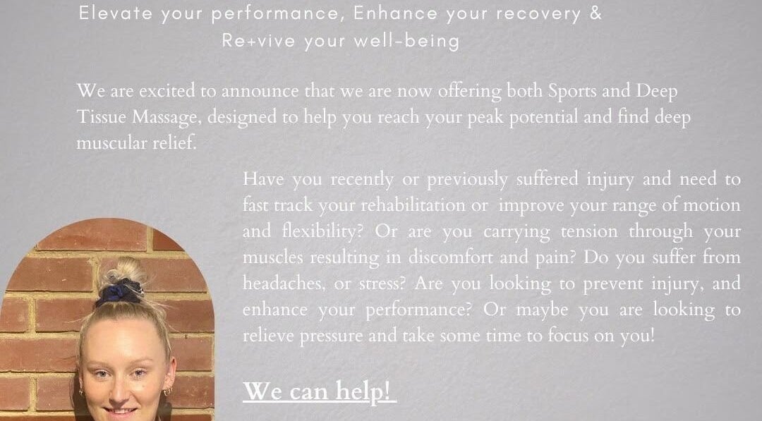 Introduction to massages at Re+vive South Canterbury, Timaru, Canterbury, NZ with text and smiling person.