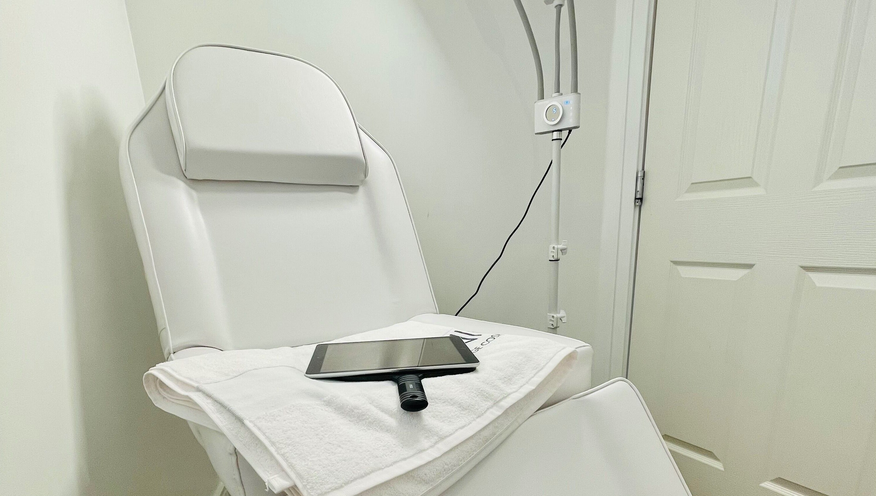 Modern treatment chair at Emma Fox Aesthetics, Heybridge, England, GB, ready for wellness services.