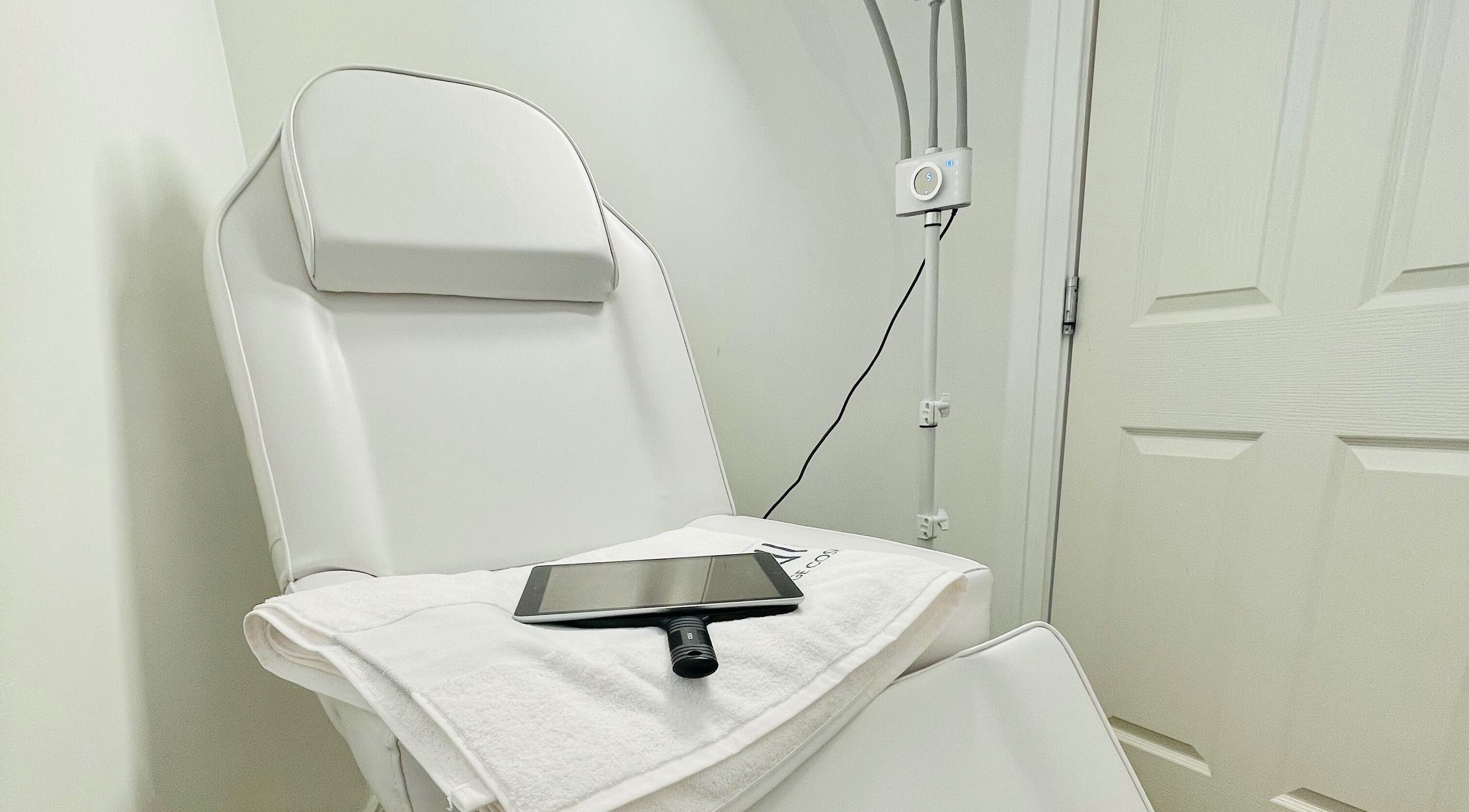 Modern treatment chair at Emma Fox Aesthetics, Heybridge, England, GB, ready for wellness services.