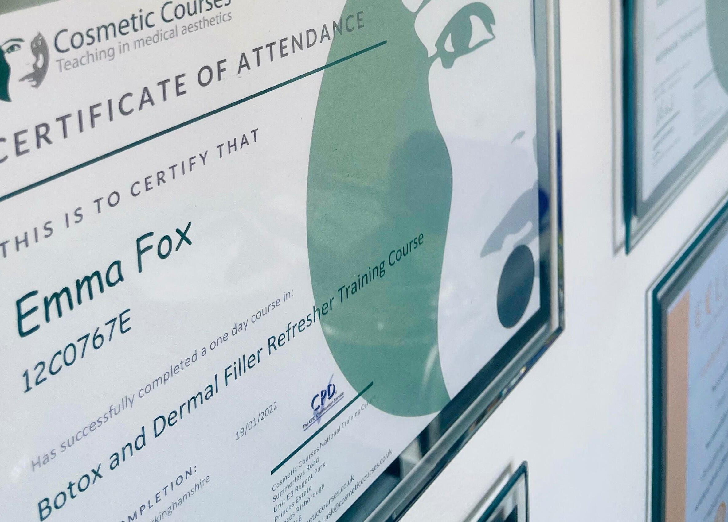 Certificates displayed at Emma Fox Aesthetics, Heybridge, England, GB, showcasing accomplishments.